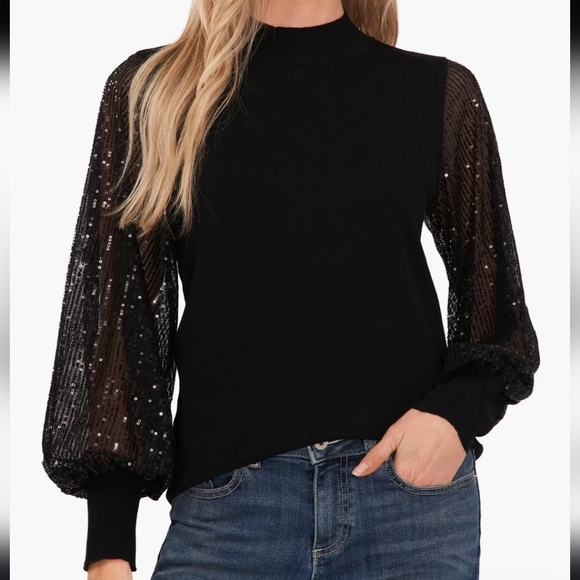 CeCe Elegant Black Sequin Sleeve Top - Picture 1 of 9